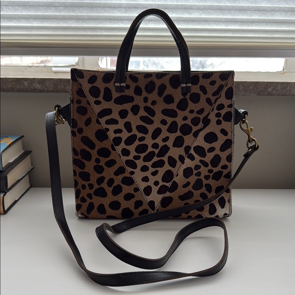 Clare V Small Leopard Print Tote Bag with top handle and cross body strap